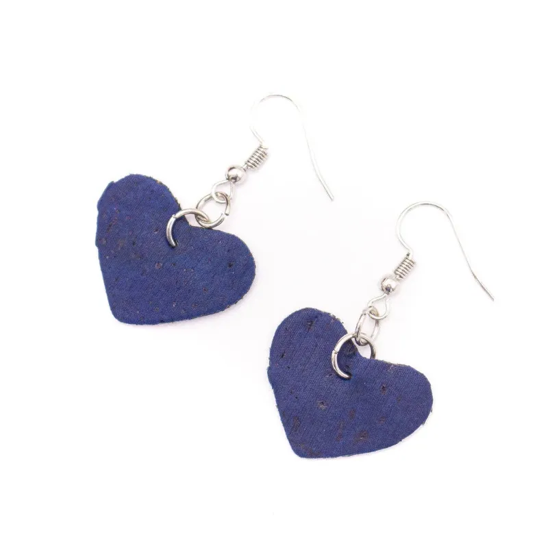 Corkadia blue heart earrings ER-072-E, handmade drop-shaped cork earrings