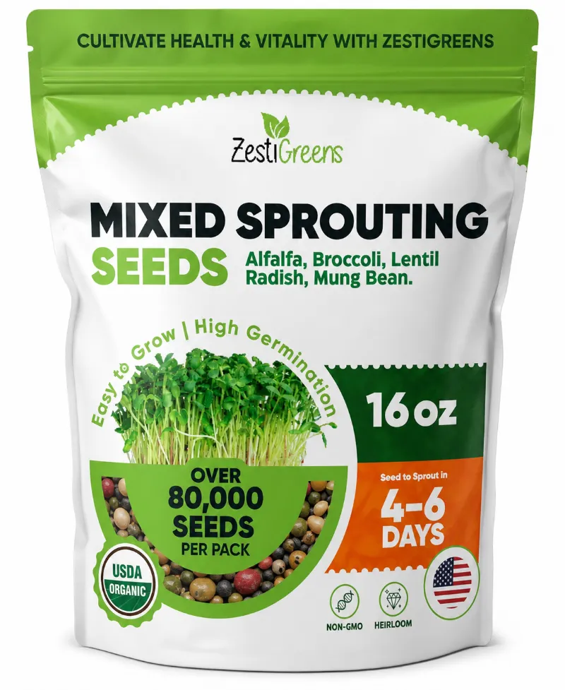 ZestiGreens Mixed Sprouting Seeds Organic blend of five sprout varieties ready to grow