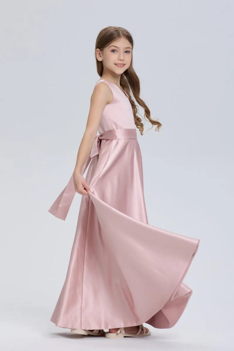 Wehilion Charming V-Neck Sleeveless Chiffon Flower Girl Dress, chiffon gown with V-neck and bows