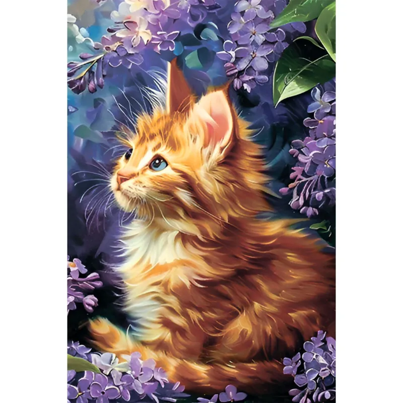 Varvikas 5D Diamond Painting 20×30 cm, Ginger Kitten showing orange kitten among purple lilac blooms