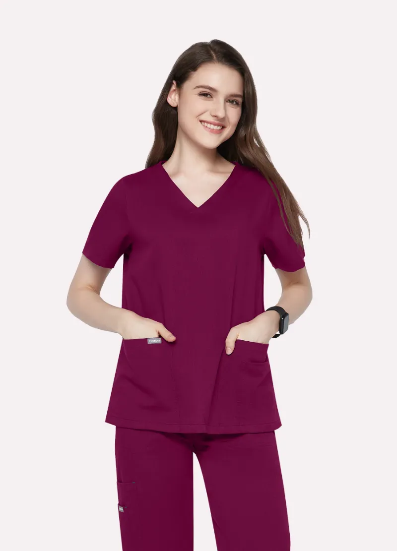 COMENII ElegCare™ Essential Scrub Top Wine Red, front view showing V-neck and sleeve pocket