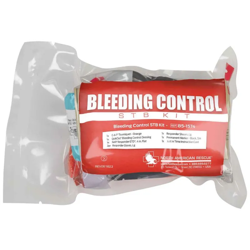 ViTAC Solutions Bleeding Control Kit STB in vacuum-sealed pouch showing tourniquet and hemostatic supplies