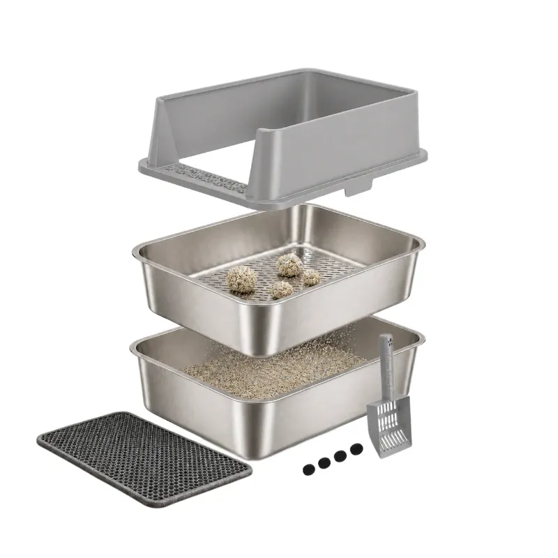 4FurBaby XXL Stainless Steel Sifting Litter Box 2-Pan System with high sides, scoop and mat