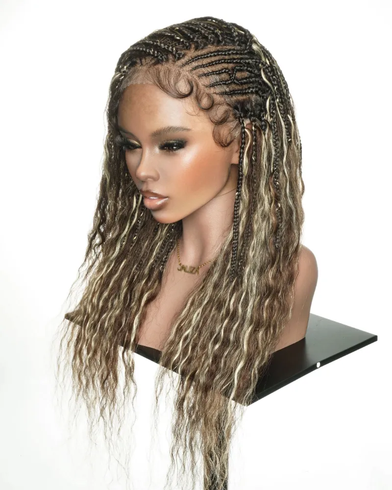 Jaliza Avery 24" Body Wave Flip Over Fulani Human Hair Boho Braids With Cornrow Braided Wig showing Fulani style with wavy curls