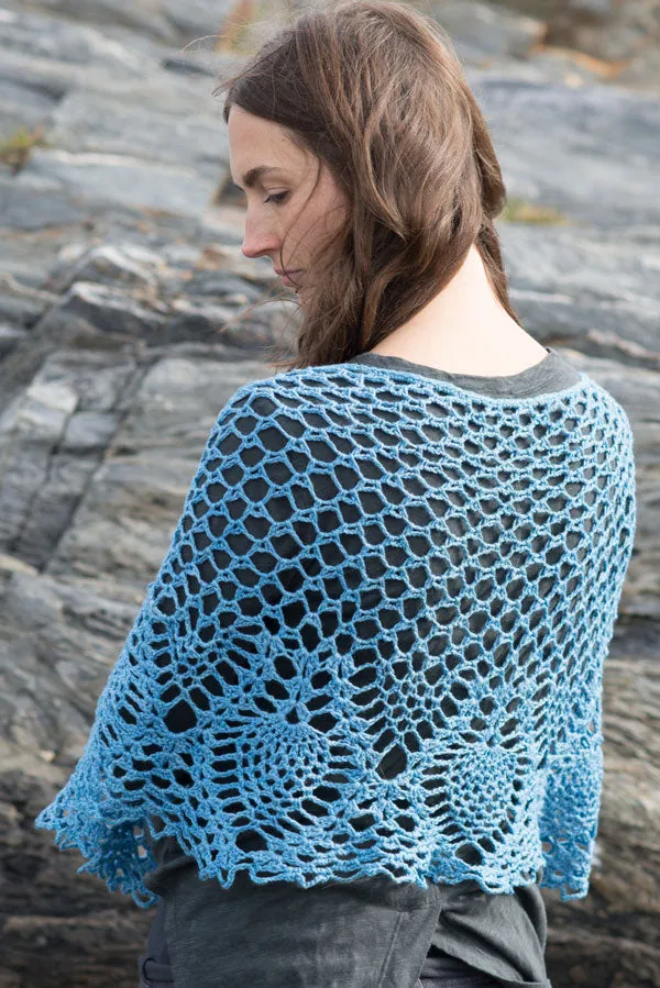 Kristen TenDyke Pineal Shawl, a delicate crocheted wrap with repeating shell stitches