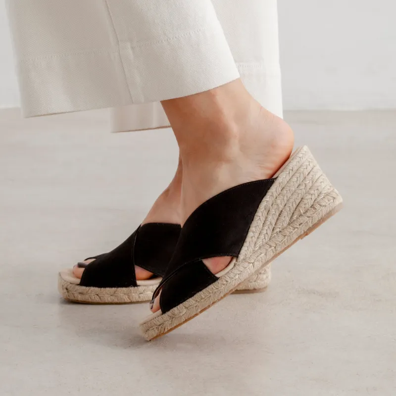 BIANKINA Genoa Cross Strap Vegan Suede Espadrille Wedges in Black with criss-cross straps