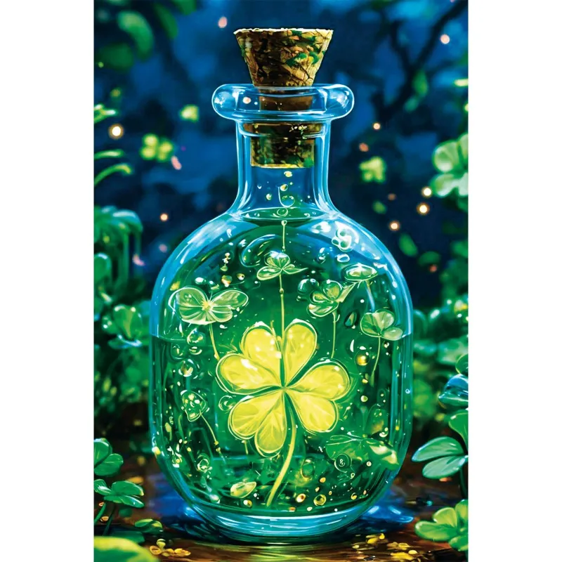 Varvikas 5D Diamond Painting Lucky Charm LC065e, four-leaf clover in glass bottle on mystical blue background