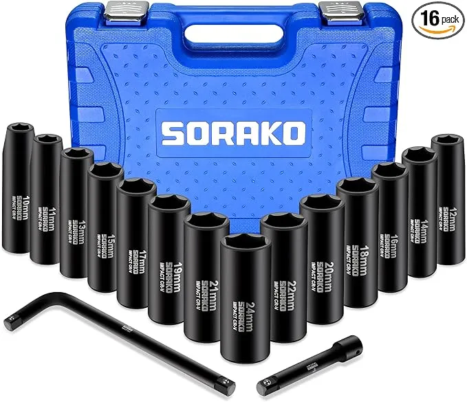 HYCHIKA SORAKO 16 PCS SAE Deep Socket Set with extension bar, L handle, and portable storage case