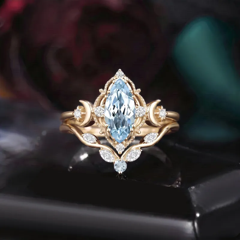 Starlandus 'Pure Moon' Vintage Marquise Natural Aquamarine Crescent Moon Ring Set with Star-Inspired Details