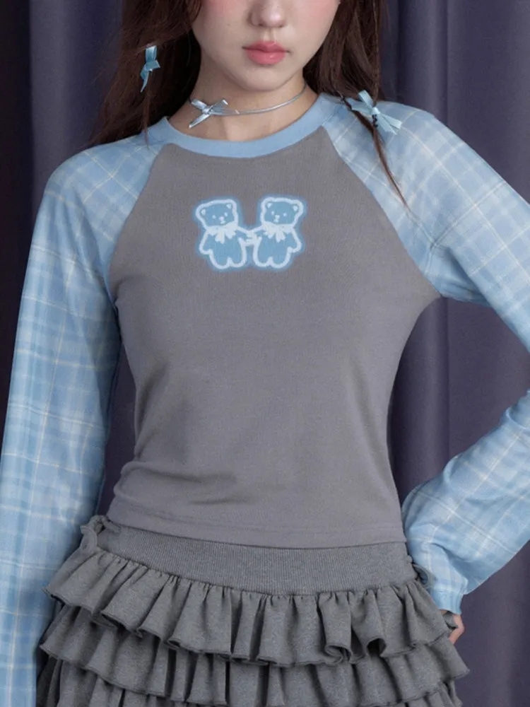 Juwas Bear embroidered gray-blue plaid long-sleeve shirt displayed flat showing the front bear patch and plaid pattern