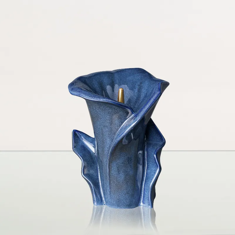 Pulvis Art Urns Calla Flower Memorial Urn for Ashes in blue melange ceramic, medium size with lily form