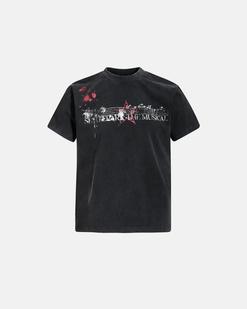 INFLATION Acid Washed Music Graphic T-Shirt with distressed print on faded blue fabric