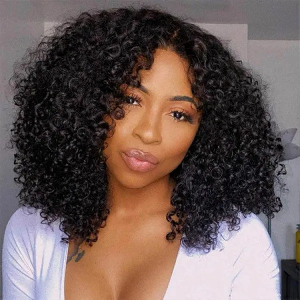 Megalook 6 inch deep curly bob wig with natural black hair and pre-cut lace