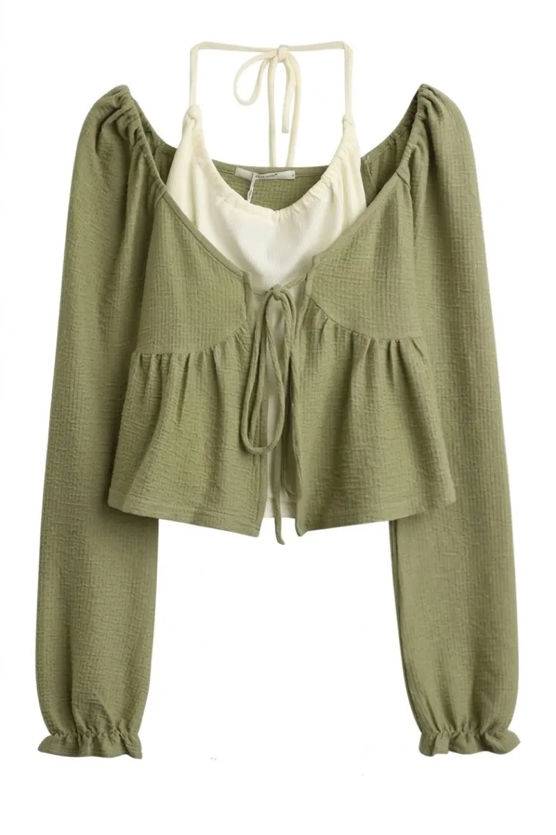 Cottagecore Clothes Cottagecore Puff Sleeve Top, two-piece layered set with cream halter cami and sage green lace-up overshirt