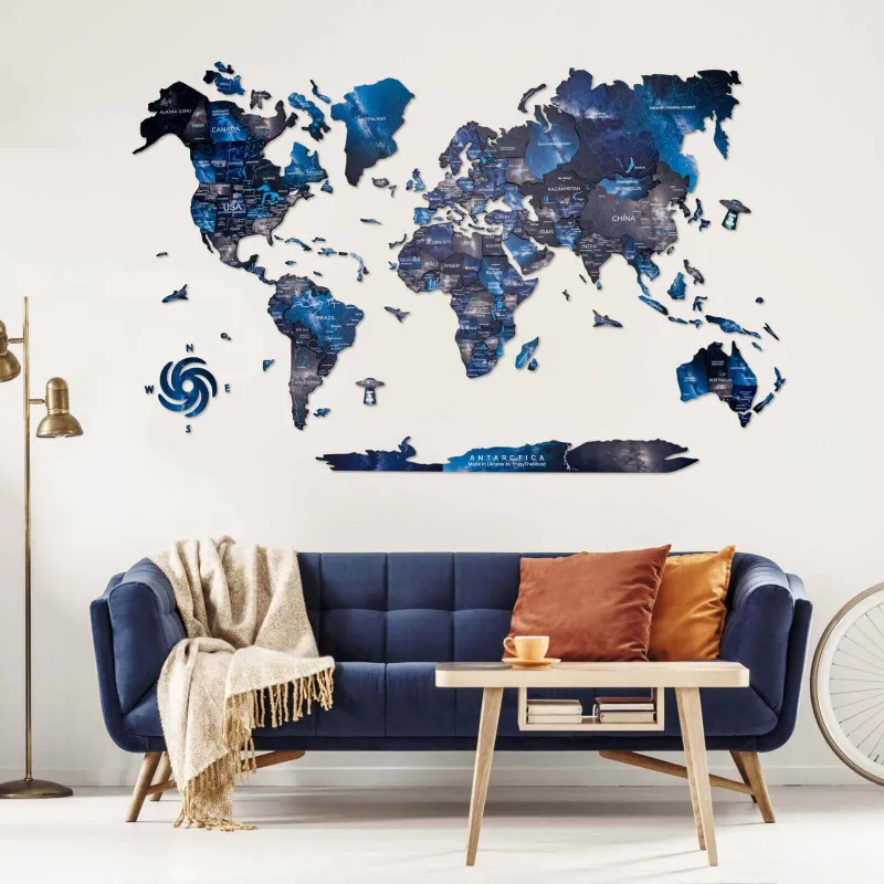 Enjoy The Wood 3D Wooden World Map Space showing colorful layered continents on wall