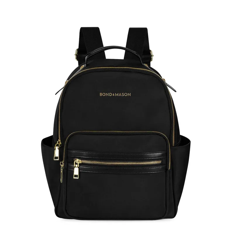 Bond & Mason The Nora Backpack showing a vegan leather backpack with exterior zip pocket