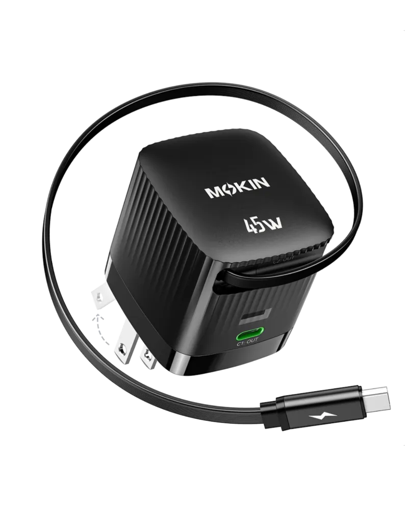 MOKiN 45W Dual Port Foldable GaN Charger with Built-in Retractable Type-C Cable for iPhone in folded position