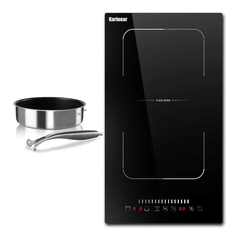Karinear Appliances 12 Inch 2 Burner Induction Cooktop With Cast Iron Pot, stainless steel cooktop with slider controls and cast iron cookwa