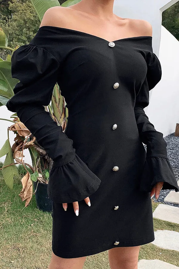 Mislish Black V-Neck Buttoned Mini Dress, front view showing V-neckline and long sleeves