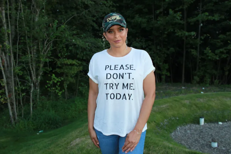 Embellished Please Don't Try Me Today Tee in white with loose flowy fit and drop tail