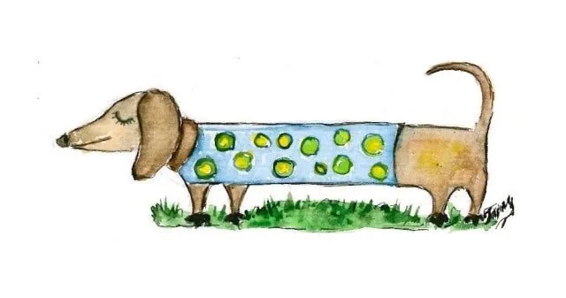 Varvikas 5D Diamond Painting 17х22 cm, Dachshund Leni (X003e) showing brown dachshund in polka-dotted blue sweater on green grass