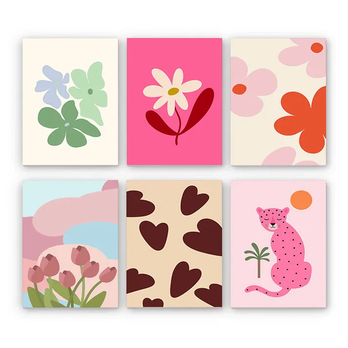 Maikoo Art 6 Mini PBN Flowers and Leopard Set framed showing six small framed floral and leopard-themed paint by number canvases