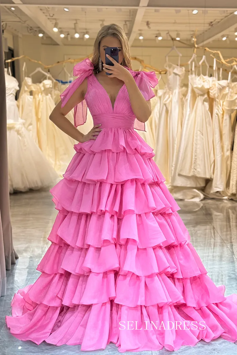 Selinadress A-line Hot Pink Bow Tie Layers Straps Long Prom Dress with Slit lps030 showing layered skirt and bow straps