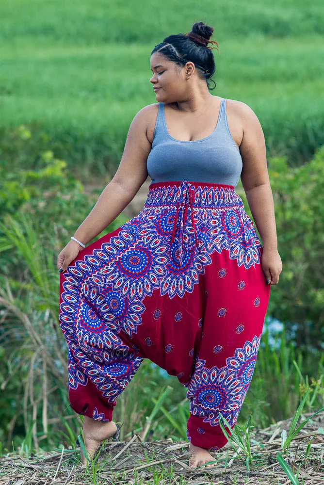 Hippie Pants Plus Size Red Lotus Pants, red harem pants with lotus flower pattern