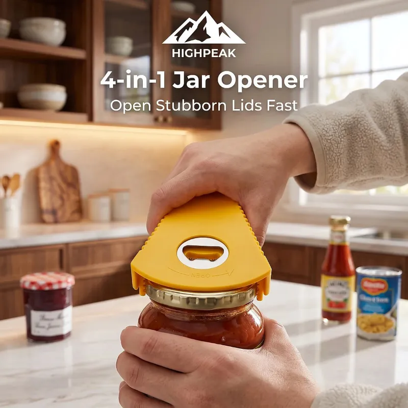 HighPeak 4-in-1 Jar Opener gripping the lid of a stubborn jam jar in a kitchen