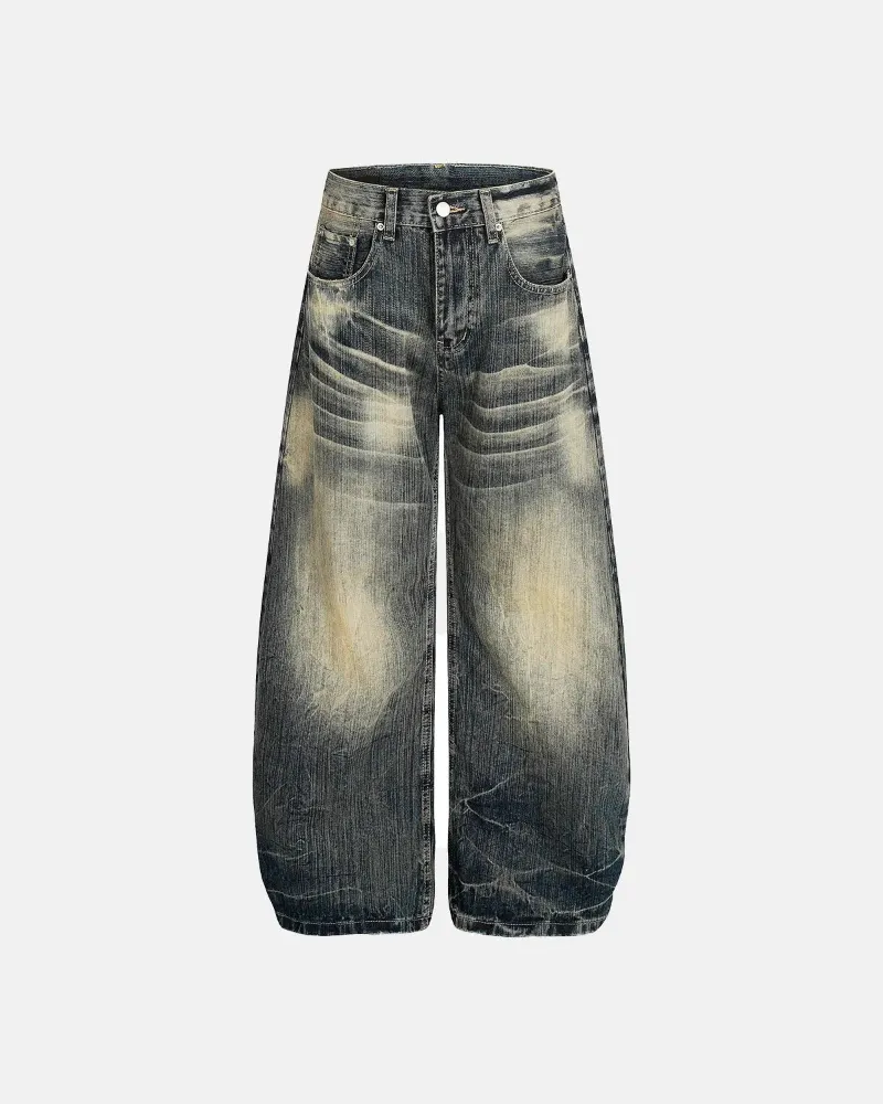 INFLATION Bamboo Weave Barrel Baggy Jeans with textured denim and vintage washed finish