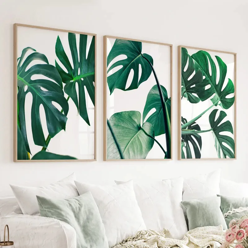 Wall Art Set 3 Piece Green Monstera Leaf Print Set. Tropical Decor - three monstera leaf prints