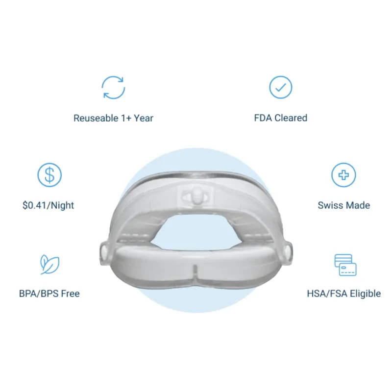 SnoreLessNow Somnofit-S Anti-Snore Mouth Guard+, clear adjustable dental guard with blue adjustment straps