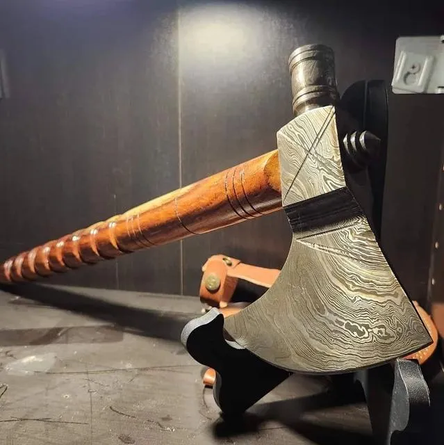 MyHackerTech Damascus Smoke Pipe Tomahawk/Axe with rose wood handle and leather sheath