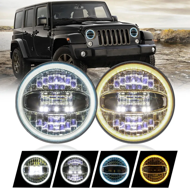 Sunpie 7 inch 3D Lens LED Halo Headlights with white DRL and amber turn signal for Jeep Wrangler