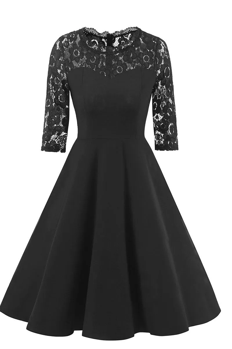 Mislish Black A-line Lace Fit And Flare Prom Dress with half sleeves