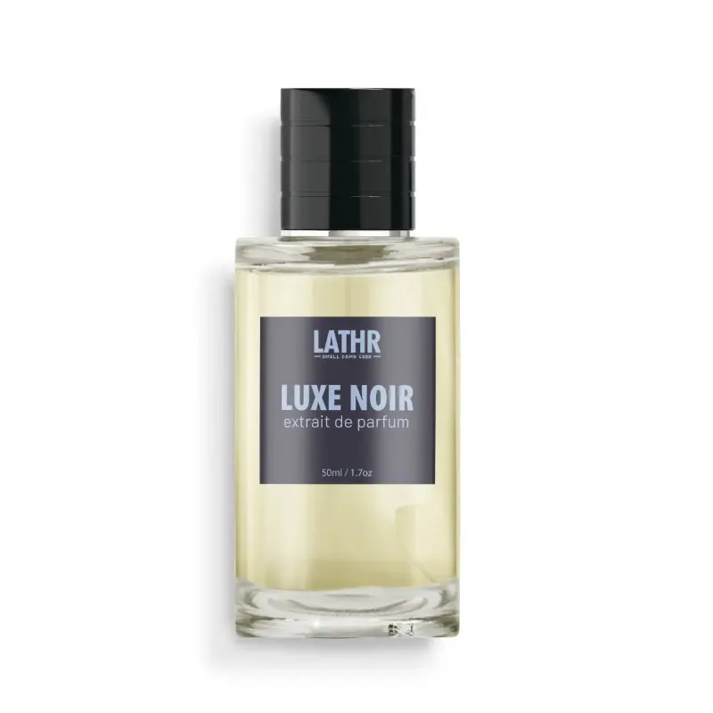 LATHR Luxe Noir Extrait Cologne black bottle with gold accents