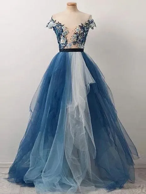 Selinadress A-line Cap Sleeve Long Prom Dresses Flower Evening Dresses, tulle gown with floral applique