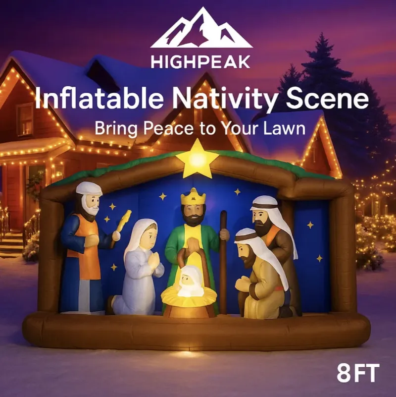 HighPeak 8FT Inflatable Nativity Scene, the Holy Family and Wise Men glowing under a lit stable