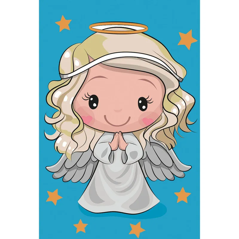 Varvikas 5D Diamond Painting Little Angel LC046e, showing chibi angel with golden stars on blue background