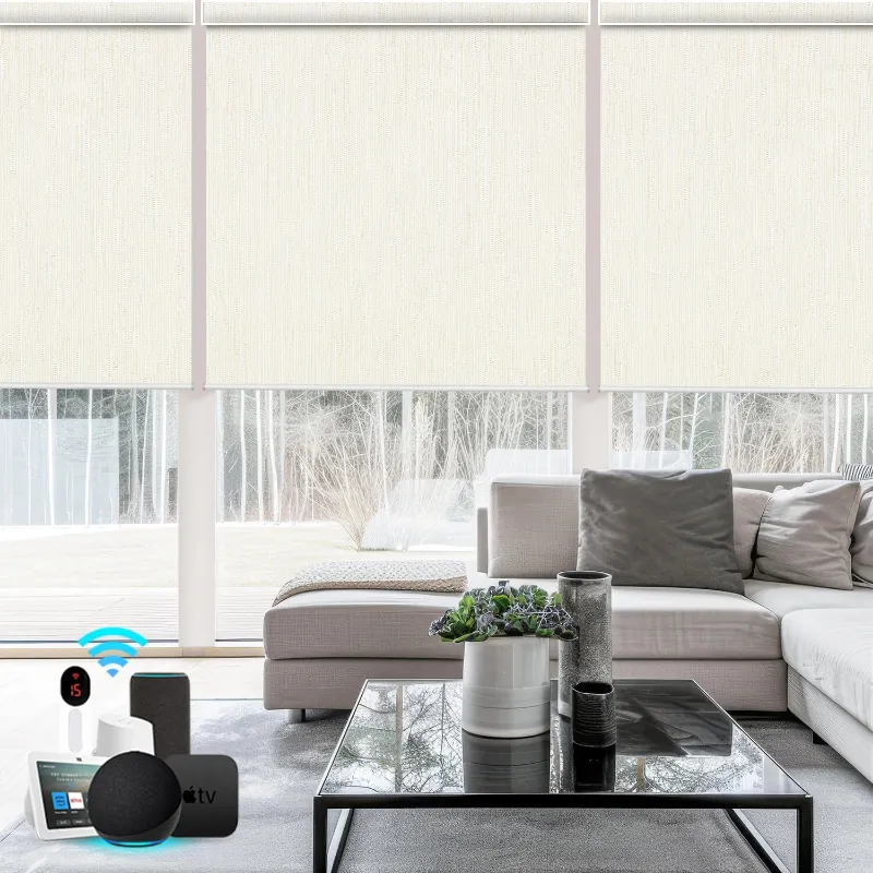 Bringnox Motorized Roller Shades 100% Blackout Safari showing earth-toned marble texture