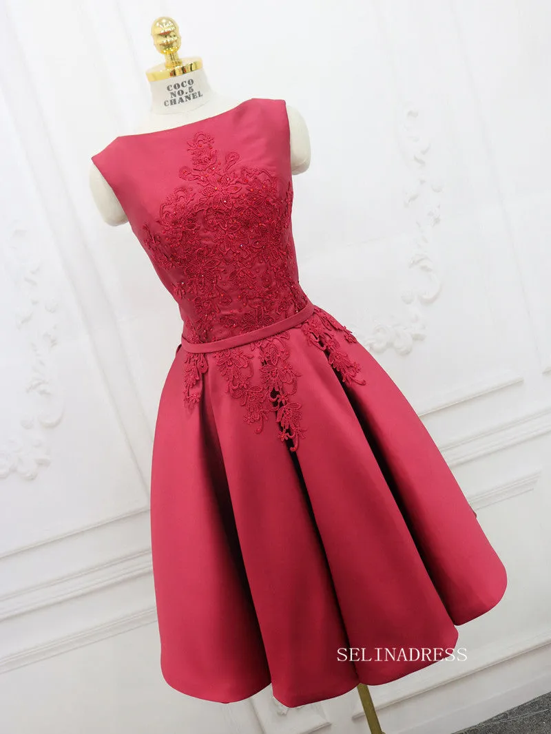Selinadress A-line Bateau Red Homecoming Dress With Applique, short mini satin dress with lace-up back