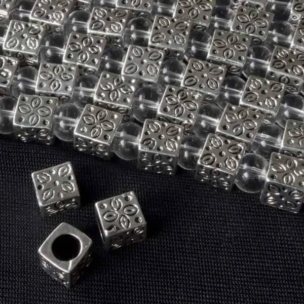 Cherry Tree Beads silver pewter 7mm large hole cube beads with flower pattern on an 8 inch strand