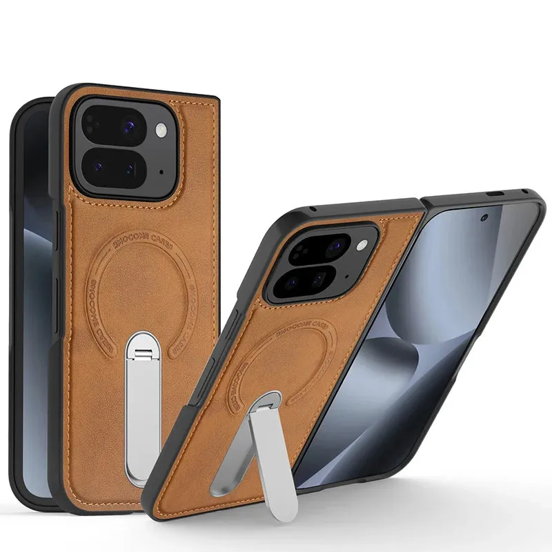 The Pixel Case Magnetic Leather Case with Stand For Pixel Fold showing kickstand and leather construction
