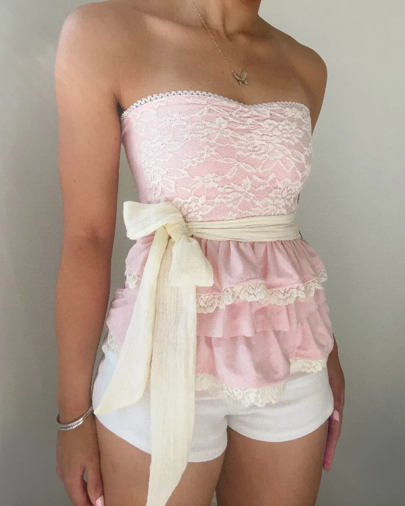 Bit By Angie Fae lace ruffle tube top in Baby pink with crinkle cotton belt