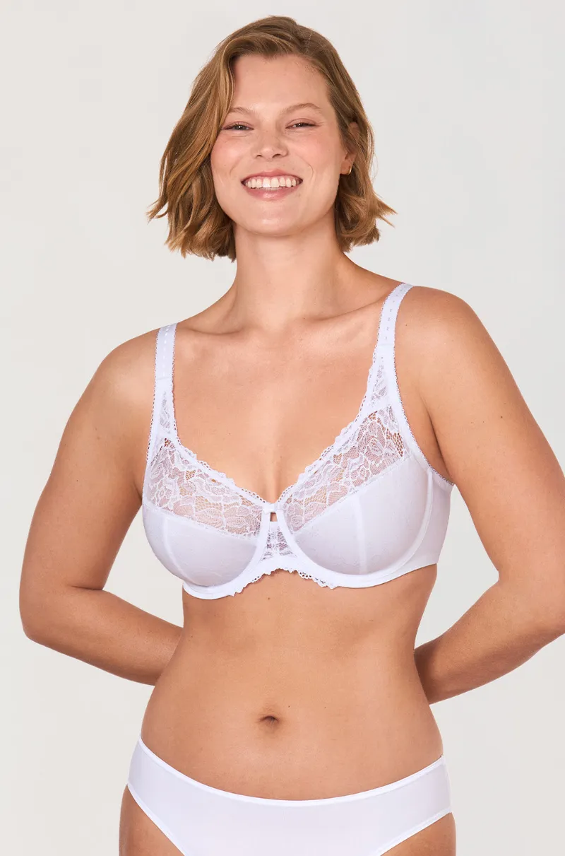 Essenther Global Beauty Lace Bra with lace trim detail and underwire support for fuller busts