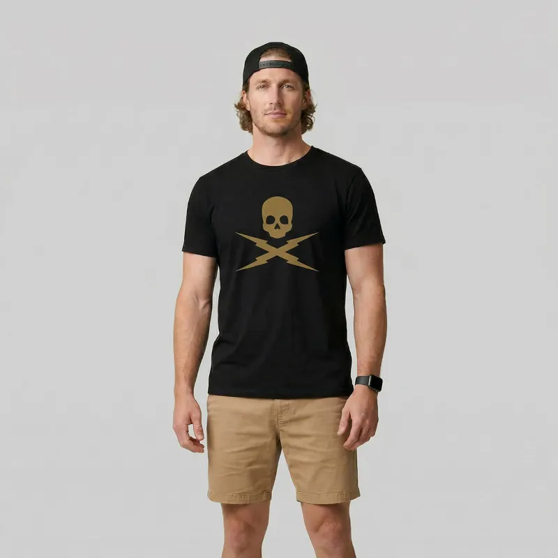 BLK FLG Jolly Tee shown flat, Jolly Roger graphic on soft-fit black tee