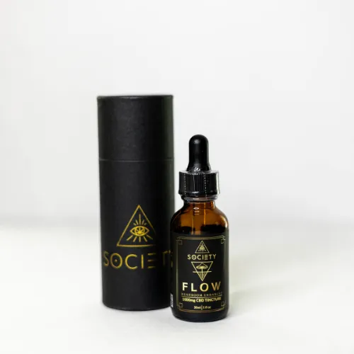 Society's Plant Flow CBD & Mushroom Tincture bottle with dropper cap