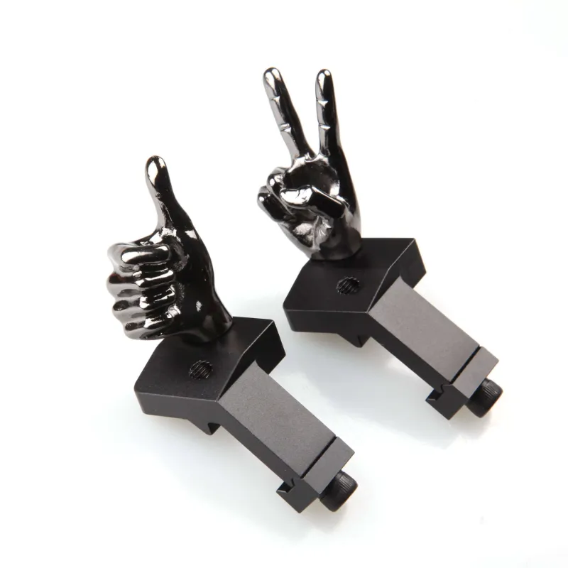 The Stinger Tools Gloss Tungsten Grey Color Novelty Finger Iron Sight Set - Offset 45 Degree, aluminum sight with v-hand gesture mounted on 