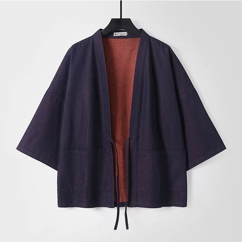 Foxtume Men Reversible Washed Denim Kimono Jacket two-tone reversible jacket