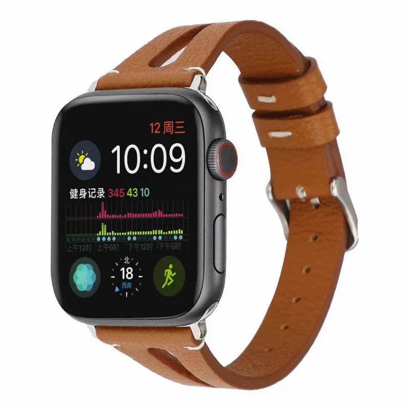 Techypop MORE COLORS Genuine Leather Slim Breathable Designer Apple Watch Band Strap showing slim brown leather band